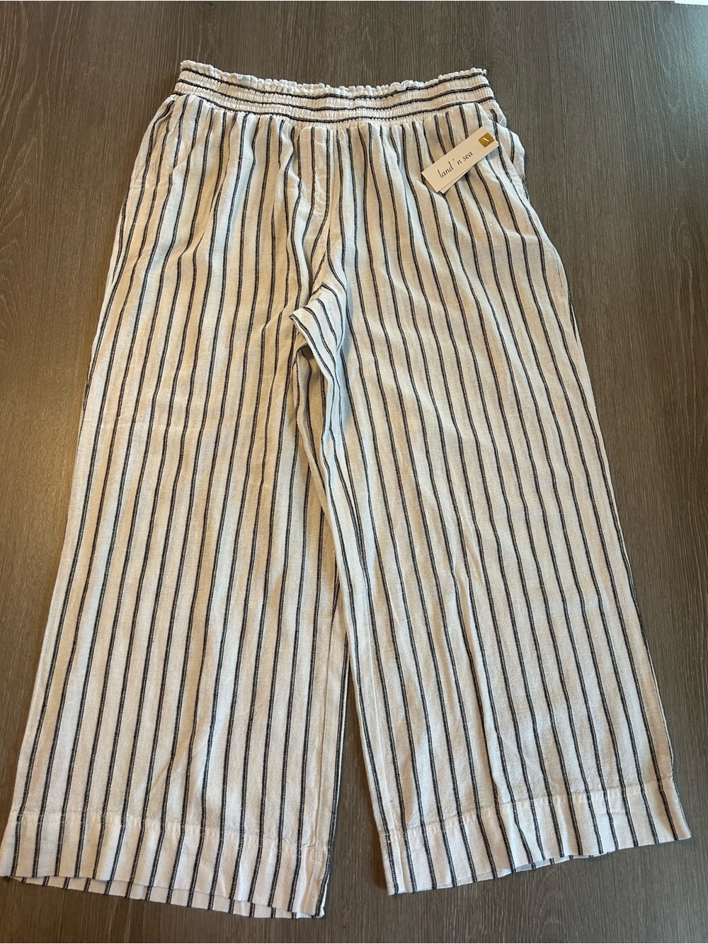 Land N Sea Crop Pants 1X Women Stripe Plus Size Linen Blend Coastal Beach Summer